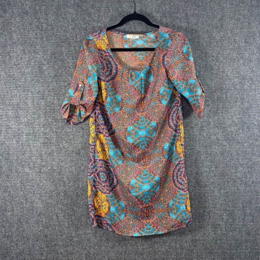 Ezra Womens Mandala Print Roll Tab Sleeve Shift Dress Orange Turquoise Small